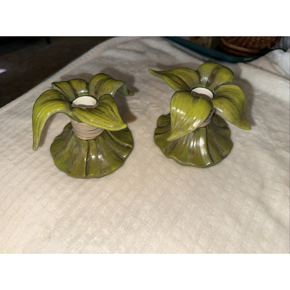 Pair Green Leaf Candlesticks Dept 56